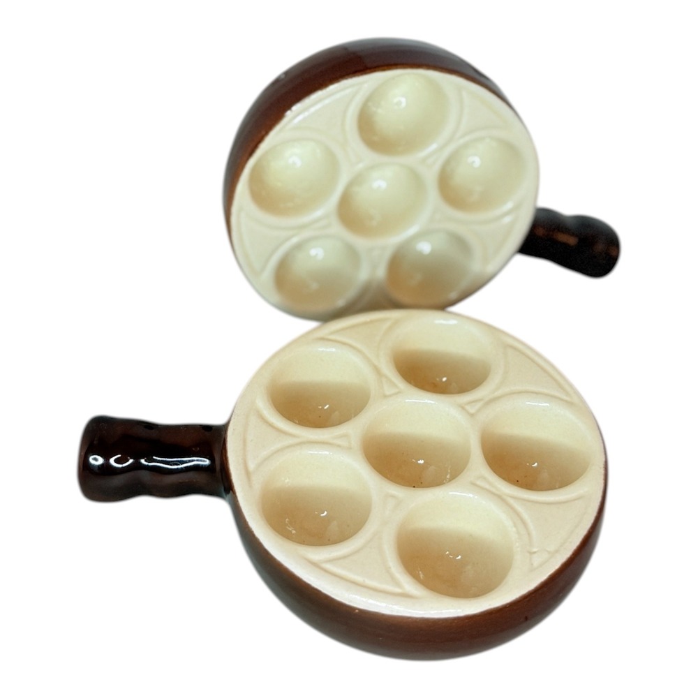 Emile Henry France Ceramic Escargot Dishes Set of 2 Brown Cream 6 Well SJ5 50.06